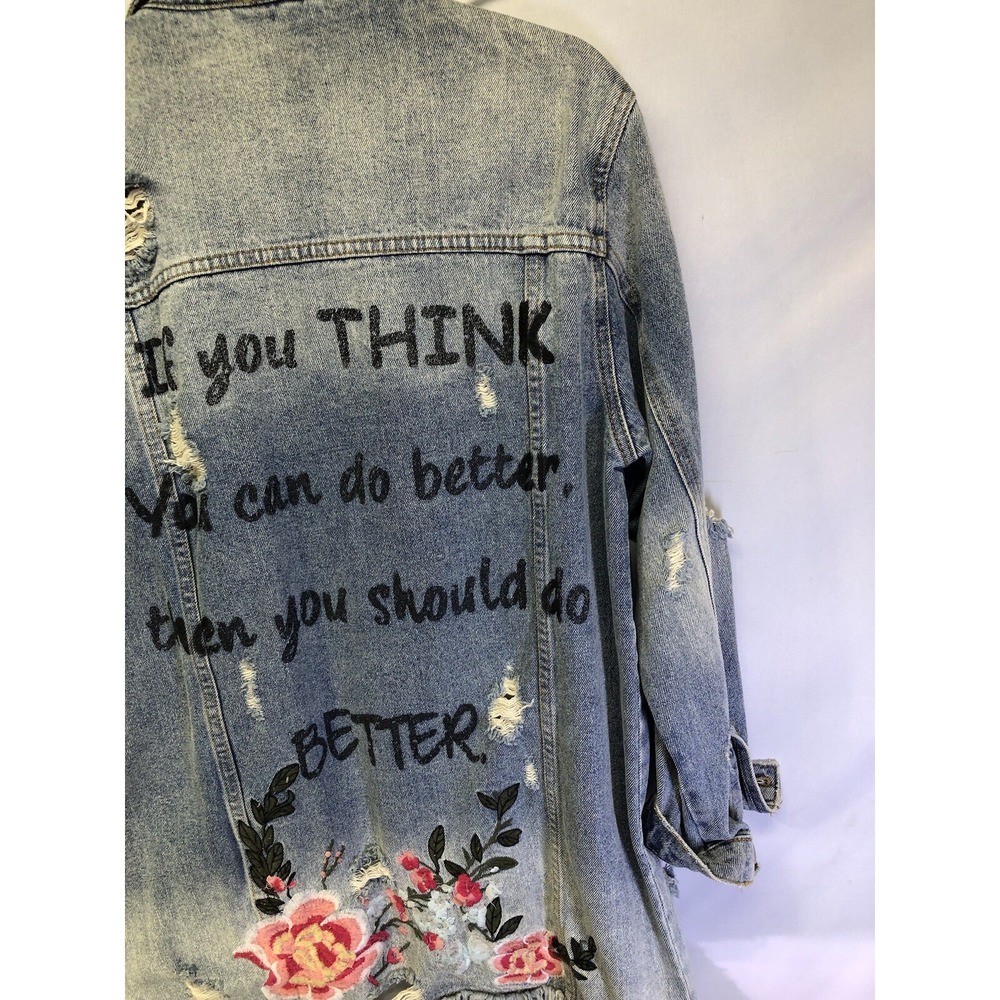 Mustard Seed distress Embroidered Denim Jean Jacket w Facts Saying Sz Medium - Picture 9 of 10
